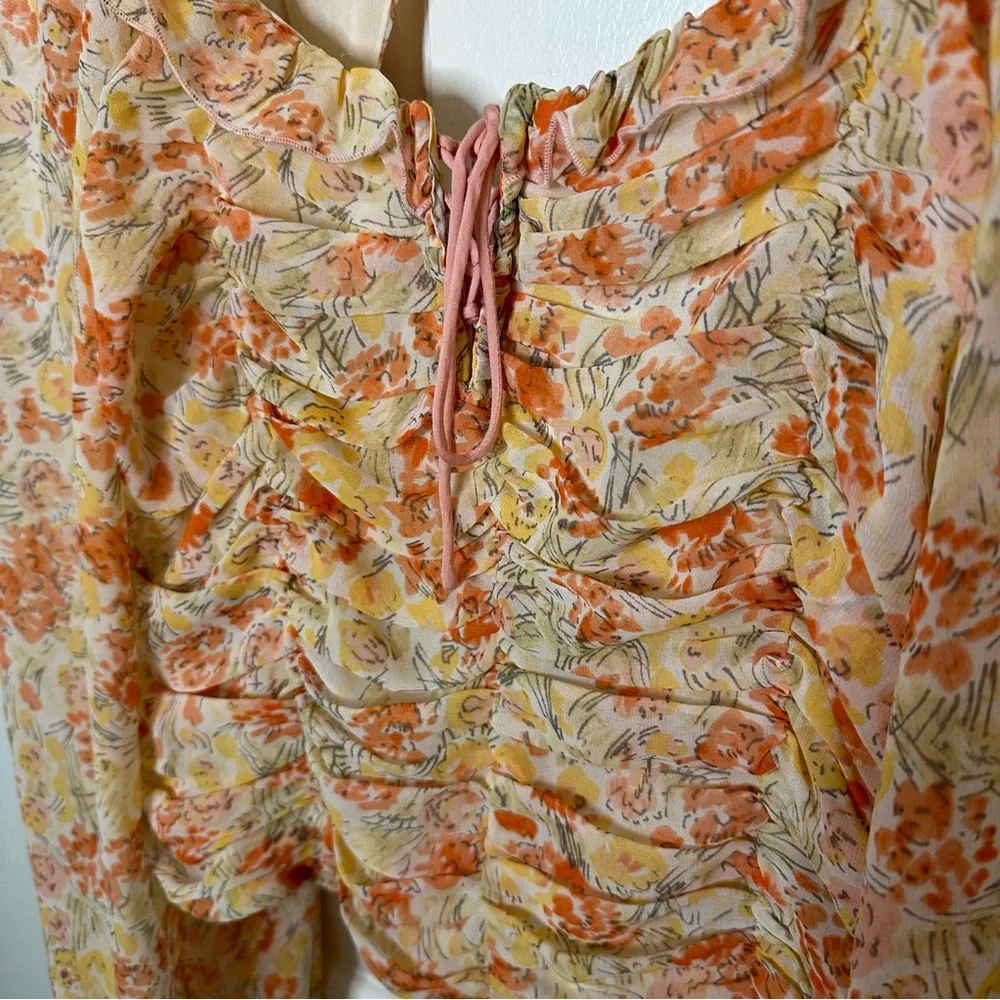 FREE PEOPLE Mabel Floral Print Yellow Orange Ruched Long Sleeve Top Bohemian XS - Picture 7 of 12